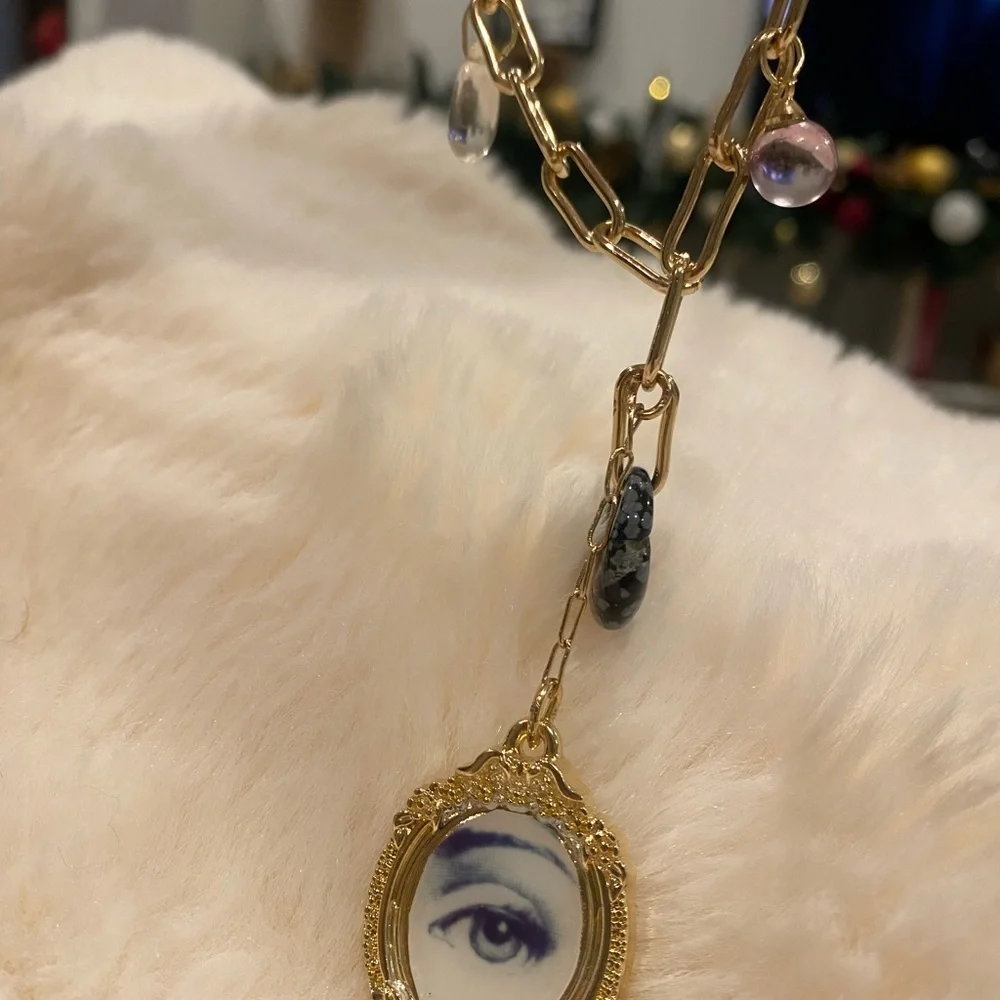 Fornasetti Golden paper clip chain Evil Eye Pendant Necklace 18in